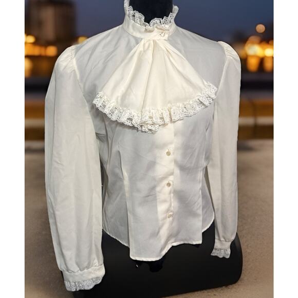 La Bene Tops - Vintage Sheer And Lace Ivory Blouse Large Romantic Victorian Cottagecore